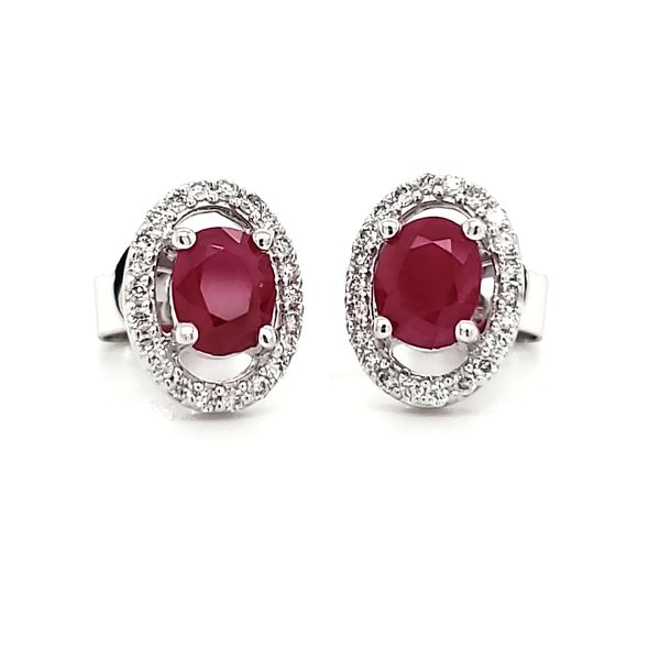 14K White Gold Ruby & Diamond Halo Stud Earrings Image 3 Quality Gem LLC Bethel, CT