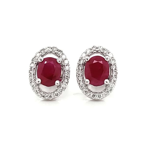 14K White Gold Ruby & Diamond Halo Stud Earrings Quality Gem LLC Bethel, CT