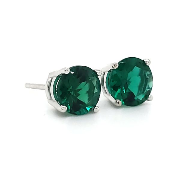 14K White Gold Created Emerald Stud Earrings Image 2 Quality Gem LLC Bethel, CT