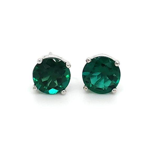 14K White Gold Created Emerald Stud Earrings Image 3 Quality Gem LLC Bethel, CT