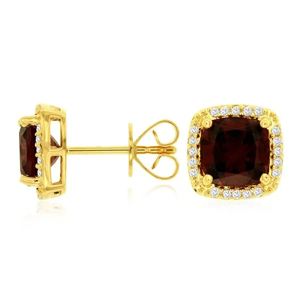 14K Yellow Gold Cushion Garnet & Diamond Halo Stud Earrings Quality Gem LLC Bethel, CT