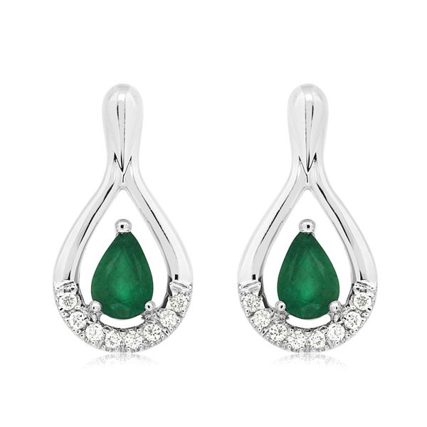 14K White Gold Open Drop Pear Emerald & Diamond Post Earrings Quality Gem LLC Bethel, CT