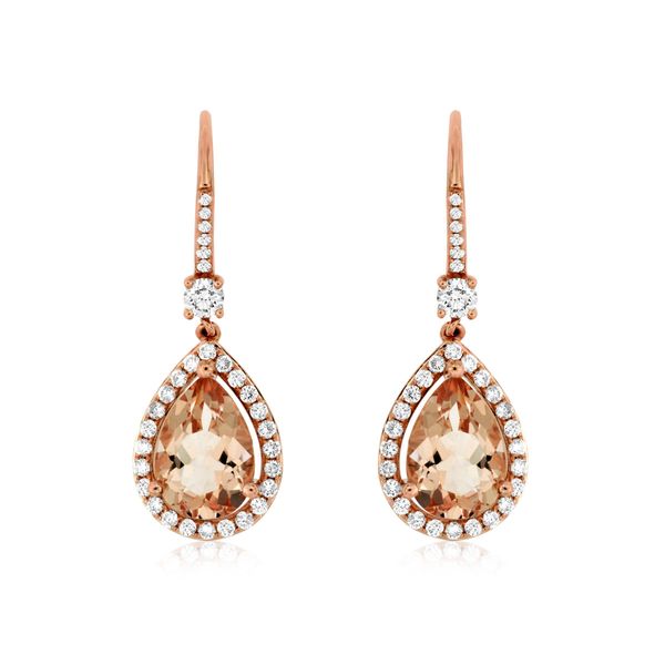 14K Rose Gold Pear Morganite & Diamond Halo Dangle Earrings Quality Gem LLC Bethel, CT