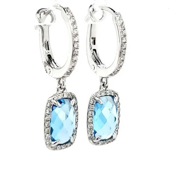 14K White Gold Elongated Cushion Blue Topaz & Diamond Dangle Earrings Image 2 Quality Gem LLC Bethel, CT