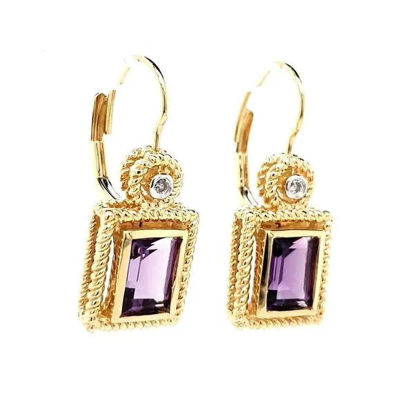 14K Yellow Gold Ribbed Rectangular Amethyst & Diamond Dangle Earrings Image 2 Quality Gem LLC Bethel, CT