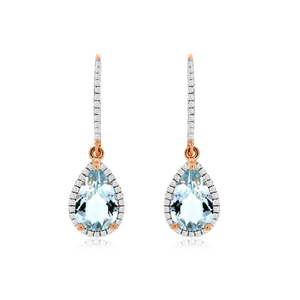 14K Rose Gold Pear Halo Aquamarine & Diamond Dangle Earrings Quality Gem LLC Bethel, CT