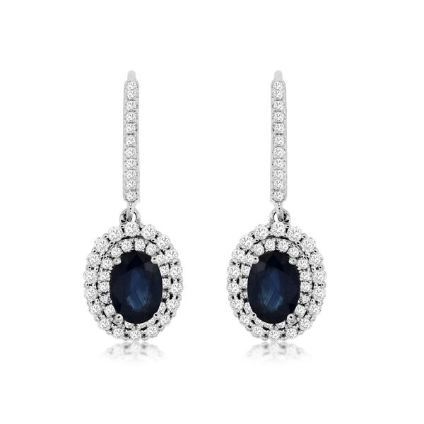 14K White Gold Oval Sapphire & Double Halo Diamond Dangle Earrings Image 2 Quality Gem LLC Bethel, CT