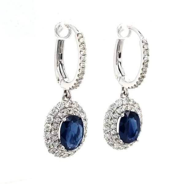 14K White Gold Oval Sapphire & Double Halo Diamond Dangle Earrings Image 3 Quality Gem LLC Bethel, CT