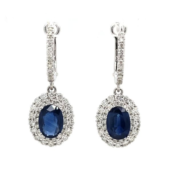 14K White Gold Oval Sapphire & Double Halo Diamond Dangle Earrings Quality Gem LLC Bethel, CT