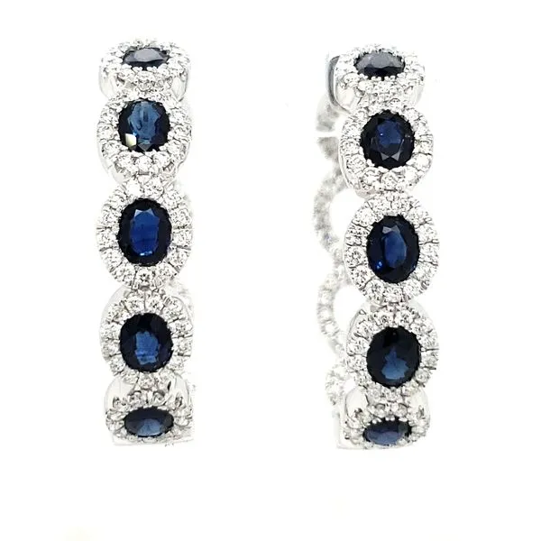 14K White Gold Large Sapphire & Diamond Halo Hoop Earrings Image 2 Quality Gem LLC Bethel, CT