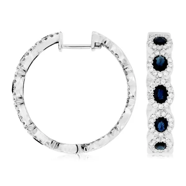 14K White Gold Large Sapphire & Diamond Halo Hoop Earrings Image 4 Quality Gem LLC Bethel, CT