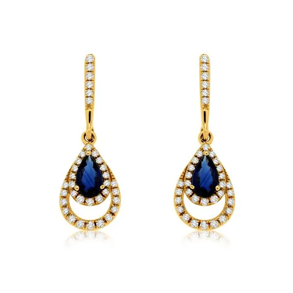 14K Yellow Gold Sapphire & Double Diamond Pear Dangle Earrings Quality Gem LLC Bethel, CT