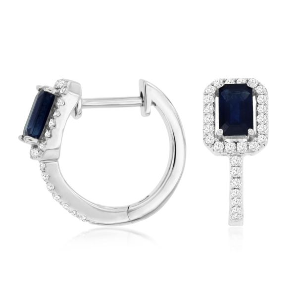 14K White Gold Sapphire & Diamond Halo Huggie Hoop Earrings Quality Gem LLC Bethel, CT