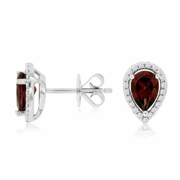 14K White Gold Pear Rhodolite Garnet & Diamond Halo Stud Earrings Image 2 Quality Gem LLC Bethel, CT