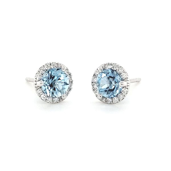 14K White Gold Aquamarine & Diamond Halo Stud Earrings Image 2 Quality Gem LLC Bethel, CT
