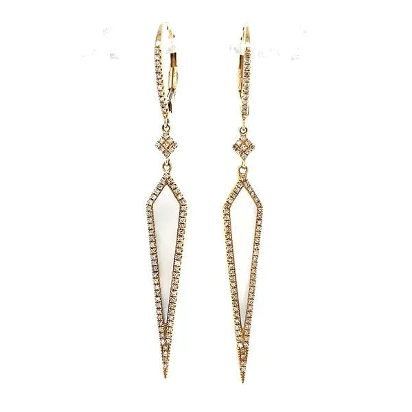 14K Yellow Gold Mother Of Pearl & Diamond Long Dangle Eurowire Earrings Image 2 Quality Gem LLC Bethel, CT