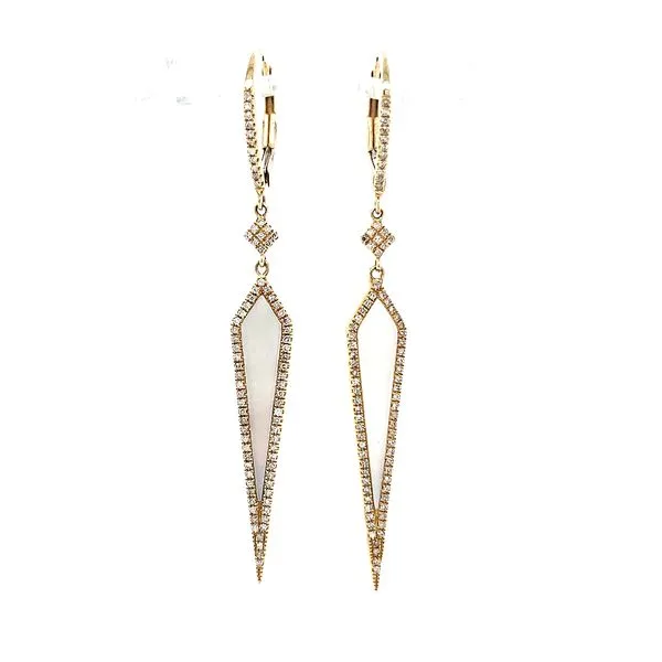 14K Yellow Gold Mother Of Pearl & Diamond Long Dangle Eurowire Earrings Image 3 Quality Gem LLC Bethel, CT