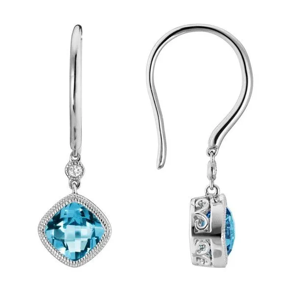 14K White Gold Milgrain Cushion Blue Topaz & Diamond Dangle Earrings Quality Gem LLC Bethel, CT