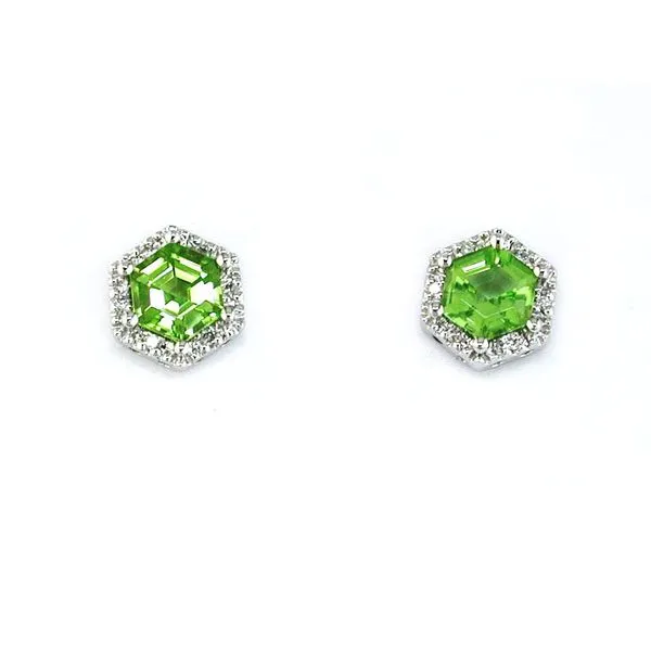 14K White Gold Hexagonal Peridot & Diamond Stud Earrings Quality Gem LLC Bethel, CT