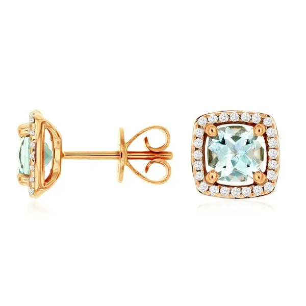 14K Rose Gold Cushion Aquamarine & Diamond Halo Stud Earrings Quality Gem LLC Bethel, CT