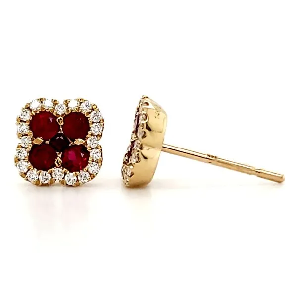 14K Yellow Gold Ruby & Diamond Quatrefoil Stud Earrings Image 3 Quality Gem LLC Bethel, CT