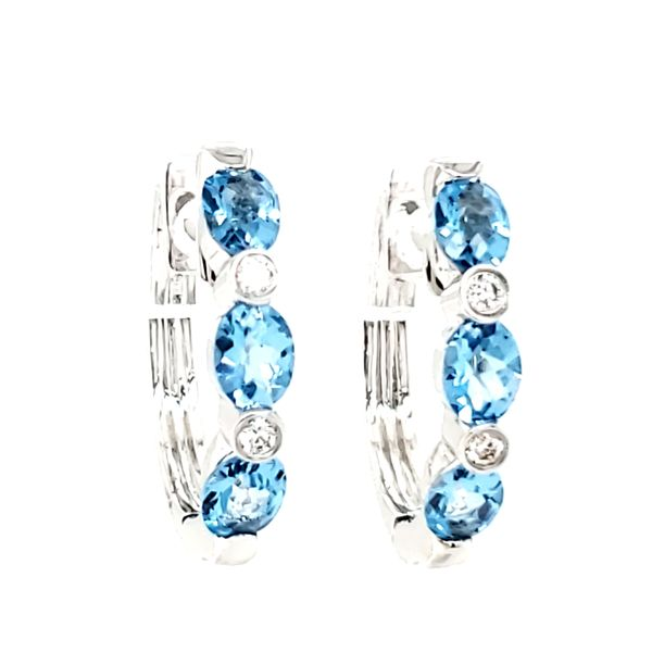 14K White Gold Blue Topaz & Diamond Huggie Hoop Earrings Image 2 Quality Gem LLC Bethel, CT