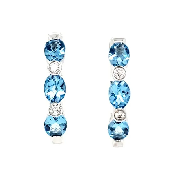 14K White Gold Blue Topaz & Diamond Huggie Hoop Earrings Quality Gem LLC Bethel, CT