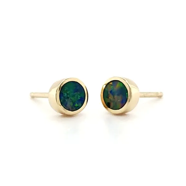14K Yellow Gold Opal Bezel Stud Earrings Image 2 Quality Gem LLC Bethel, CT