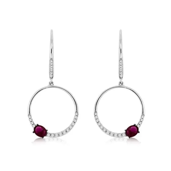 14K White Gold Ruby and Diamond Circle Leverback Earrings Quality Gem LLC Bethel, CT