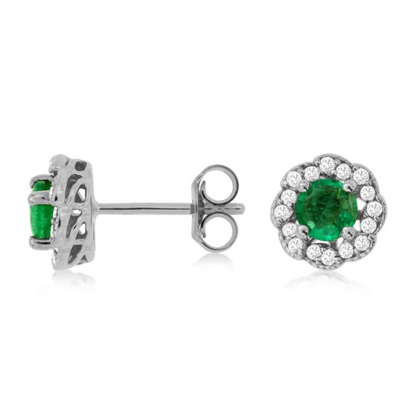 14K White Gold Emerald and Diamond Scalloped Halo Earrings Quality Gem LLC Bethel, CT