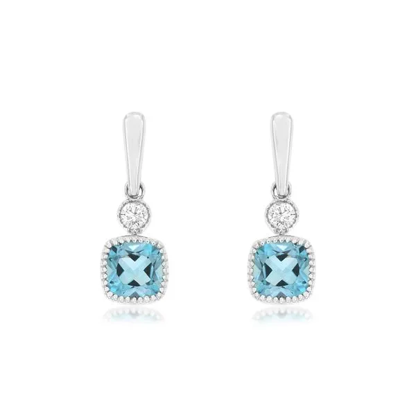 14K White Gold Blue Topaz and Diamond Beaded Bezel Dangle Earrings Quality Gem LLC Bethel, CT
