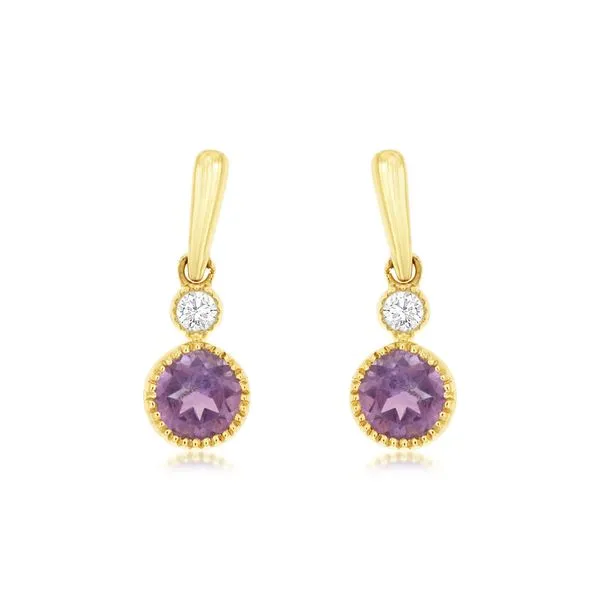 14K Yellow Gold Amethyst and Diamond Beaded Bezel Dangle Earrings Quality Gem LLC Bethel, CT