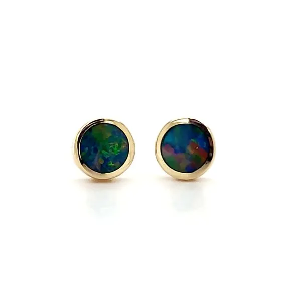 14K Yellow Gold Opal Doublet Bezel Stud Earrings Quality Gem LLC Bethel, CT