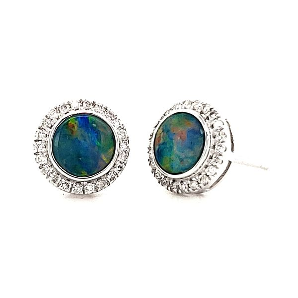 14K White Gold Opal Doublet and Diamond Halo Earrings Image 2 Quality Gem LLC Bethel, CT