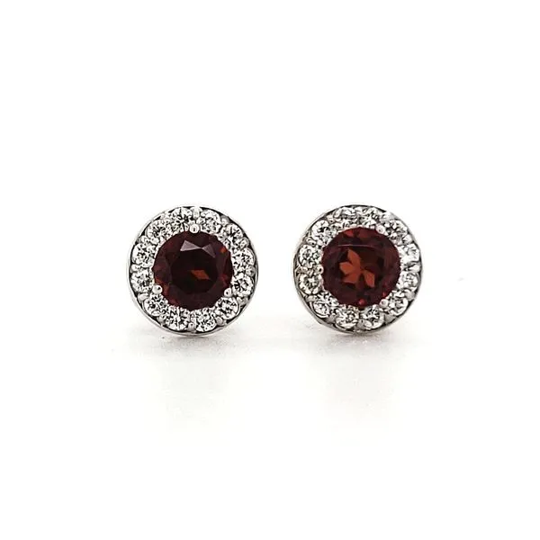 14K White Gold Garnet & Diamond Halo Stud Earrings Image 2 Quality Gem LLC Bethel, CT