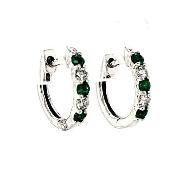 14K White Gold Emerald and Diamond Hoop Earrings Image 2 Quality Gem LLC Bethel, CT