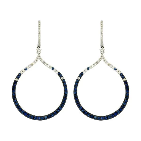 14K White Gold Sapphire and Diamond Open Circle Hoop Dangle Earrings Quality Gem LLC Bethel, CT