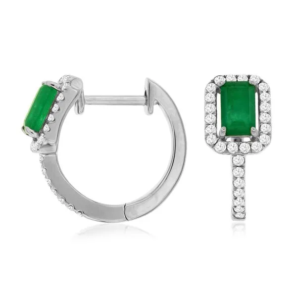 14K White Gold Emerald & Diamond Halo Huggie Hoop Earrings Quality Gem LLC Bethel, CT