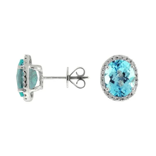 14K White Gold Oval Blue Topaz & Diamond Halo Stud Earrings Quality Gem LLC Bethel, CT