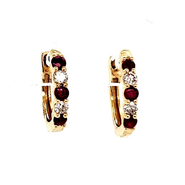 14K Yellow Gold Ruby and Diamond Huggie Hoop Earrings Image 2 Quality Gem LLC Bethel, CT