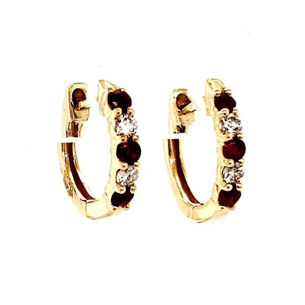 14K Yellow Gold Ruby and Diamond Huggie Hoop Earrings Image 3 Quality Gem LLC Bethel, CT