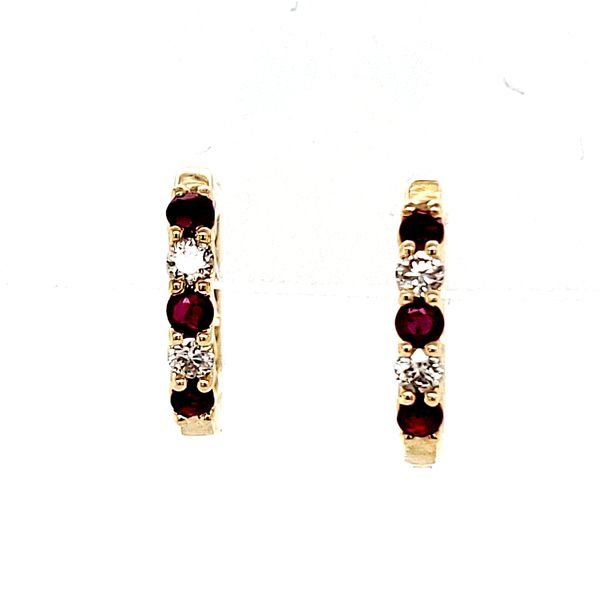14K Yellow Gold Ruby and Diamond Huggie Hoop Earrings Quality Gem LLC Bethel, CT
