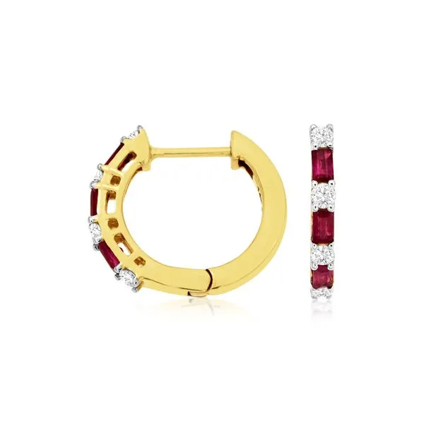 14K Yellow Gold Ruby and Diamond Huggie Hoop Earrings Quality Gem LLC Bethel, CT