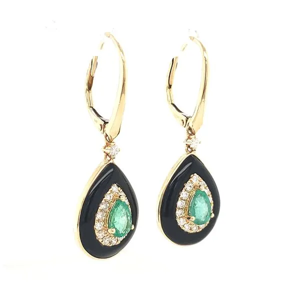 14K Yellow Gold Emerald, Onyx, and Diamond Leverback Earrings Image 2 Quality Gem LLC Bethel, CT