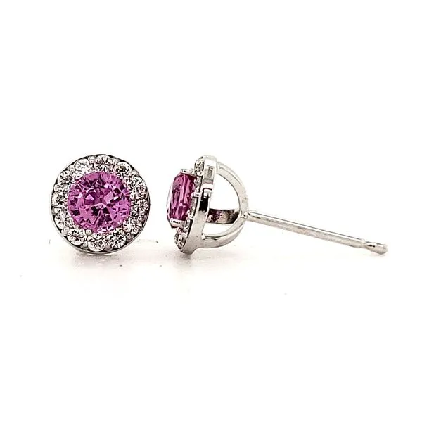 14K White Gold Pink Sapphire and Diamond Halo Stud Earrings Image 3 Quality Gem LLC Bethel, CT