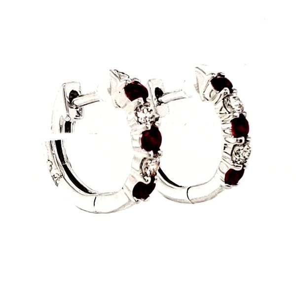 14K White Gold Ruby and Diamond Huggie Hoop Earrings Image 2 Quality Gem LLC Bethel, CT