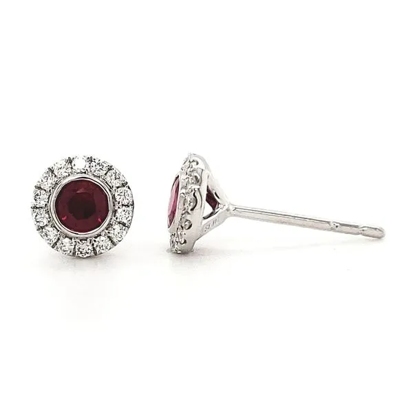 14K White Gold Ruby & Diamond Halo Stud Earrings Image 2 Quality Gem LLC Bethel, CT