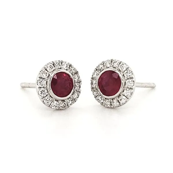 14K White Gold Ruby & Diamond Halo Stud Earrings Quality Gem LLC Bethel, CT