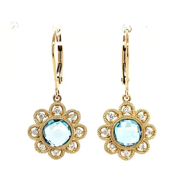 14K Yellow Gold Floral Blue Topaz and Diamond Leverback Earrings Quality Gem LLC Bethel, CT
