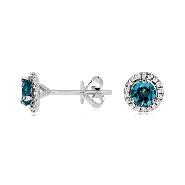 14K White Gold Blue Topaz and Diamond Halo Stud Earrings Quality Gem LLC Bethel, CT